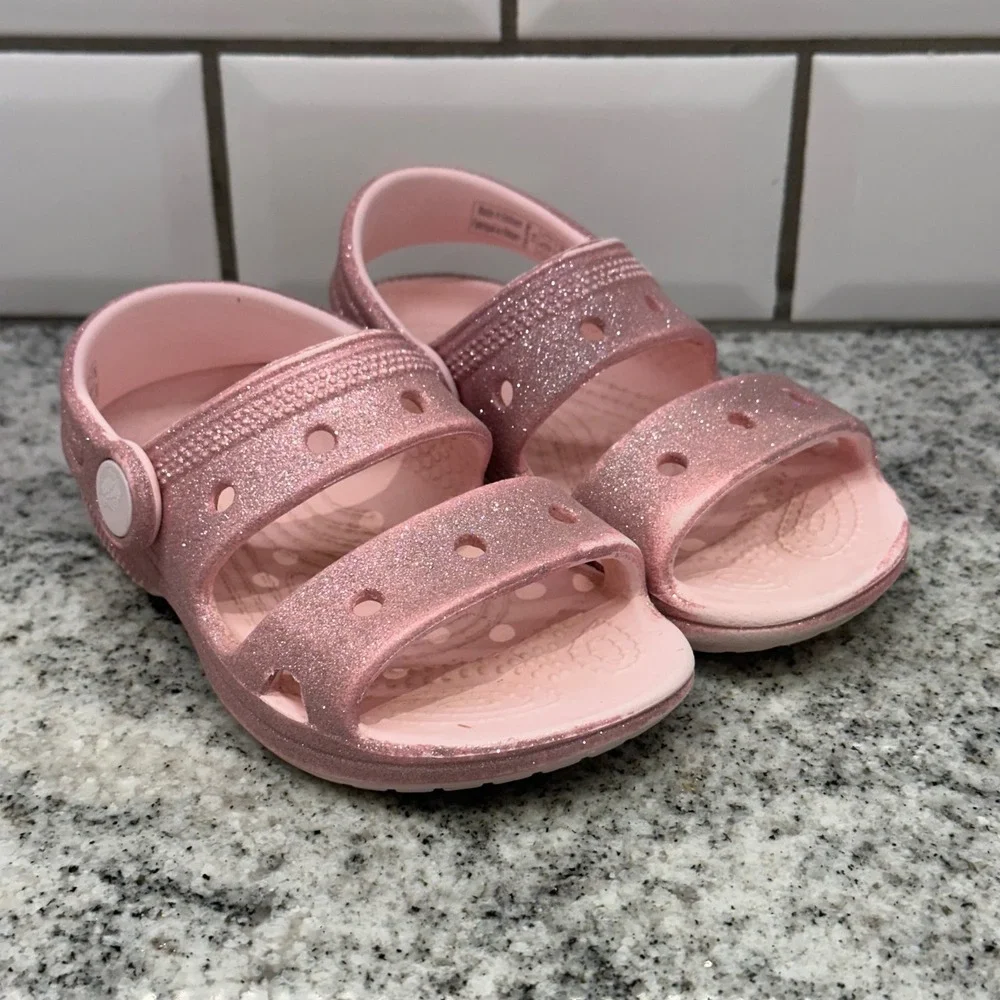 Crocs Kids C8 Sandals Pink Glitter Two Strap Heel Strap Sparkly Barbiecore